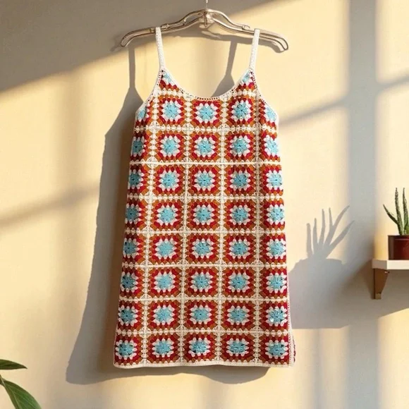 Granny Square Crochet Mini Dress. Size XS - Picture 2 of 7
